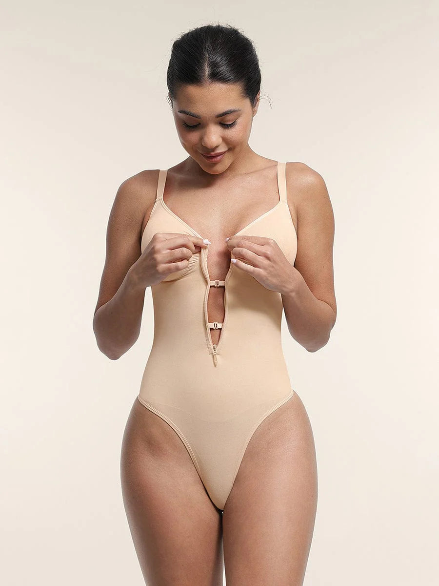 Wholesale Seamless Plunge Chest Support Bodysuit with Clips Inside
