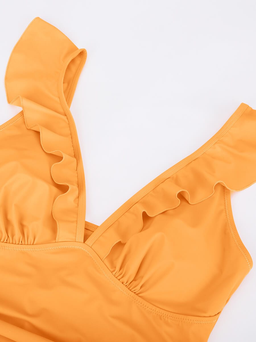 Ruffled Sculpt V-Neck Lace-Up One-Piece