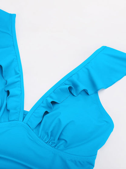 Ruffled Sculpt V-Neck Lace-Up One-Piece