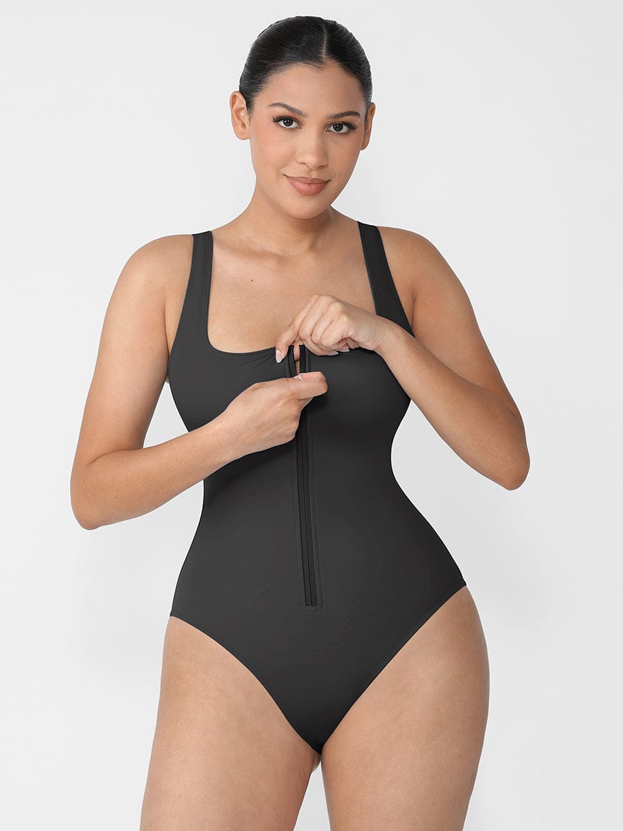 Zip Sculpt Square-Neck One-Piece Swimsuit