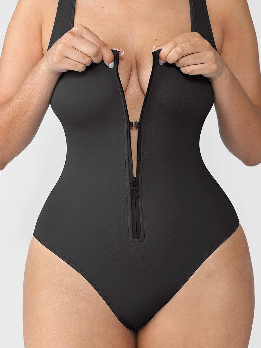 Zip Sculpt Square-Neck One-Piece Swimsuit
